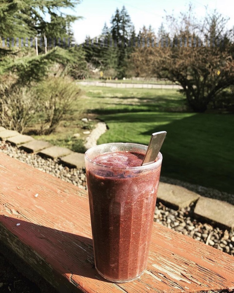 Illustrative stock photograph: Berry smoothie on a planterbox. This may differ from the café's actual product.